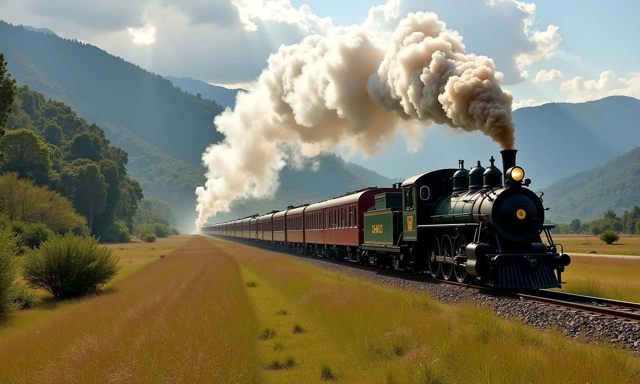 Trem a vapor puxando carros antigos em Itupeva, SP.