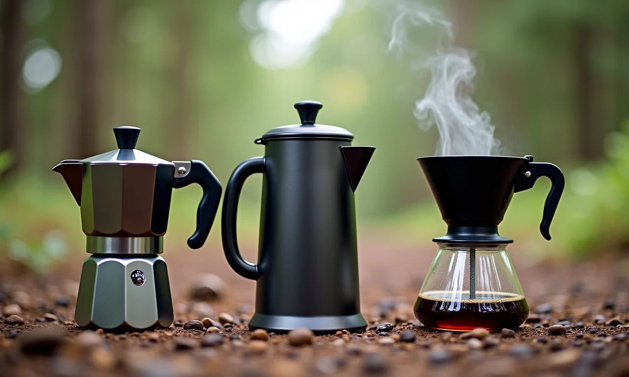 Três modelos de cafeteira portátil para acampamento: Moka Pot, French Press e Pour Over.