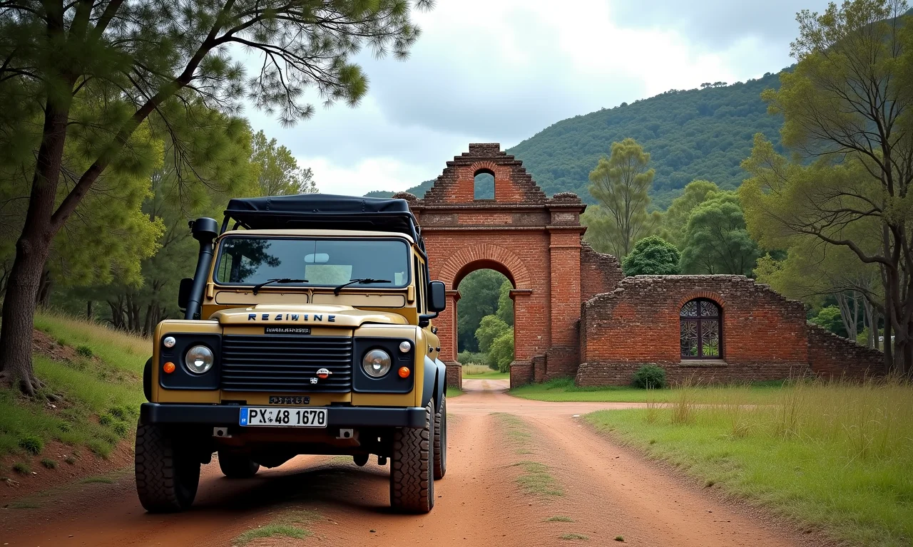 Trilha 4x4 na Usina Velha em Votorantim, veículo explorando ruínas históricas.