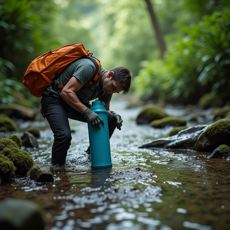 Trilheiro usando um Sawyer Products Squeeze Water Filter.