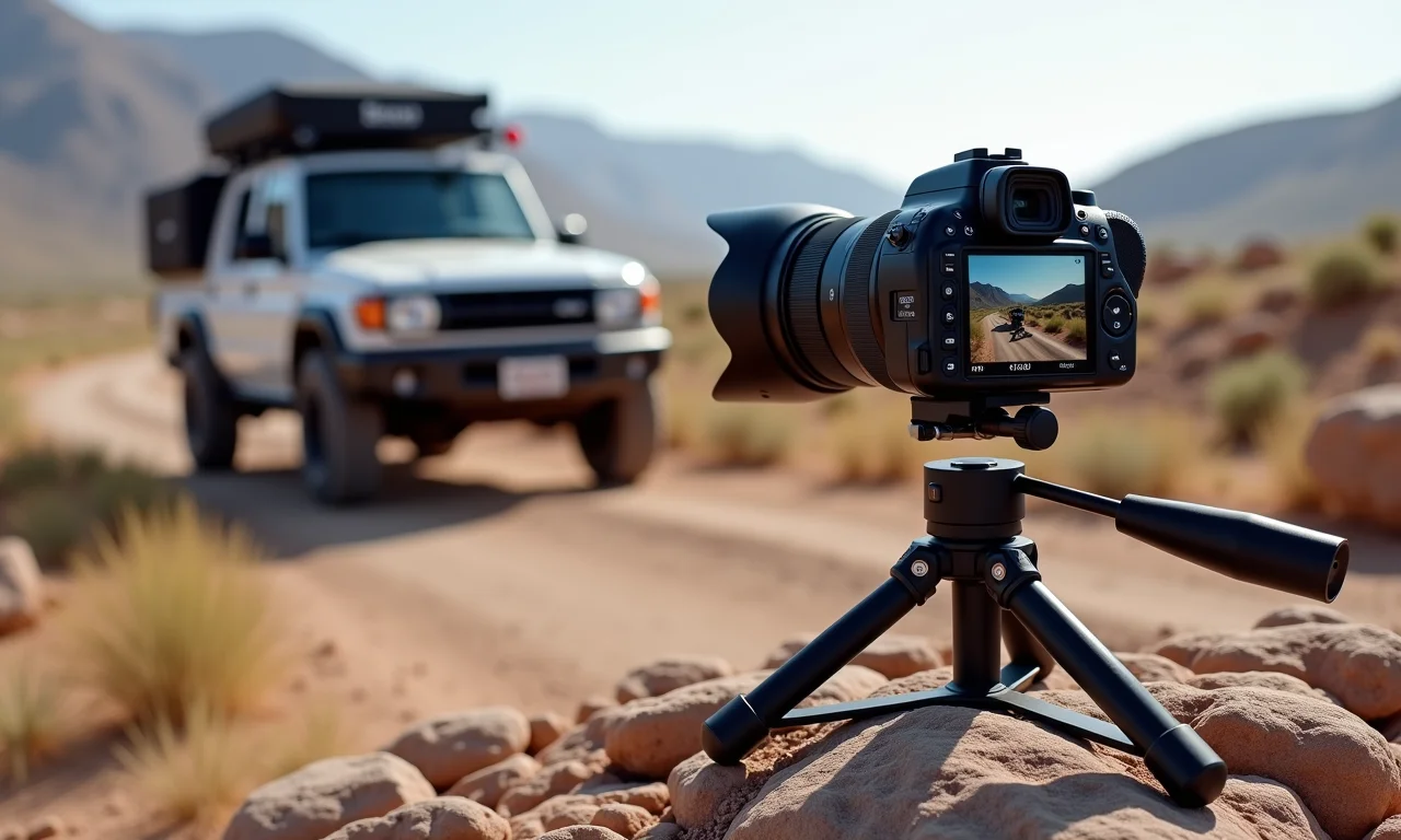 Tripé robusto garantindo estabilidade em terreno acidentado durante expedição 4x4.