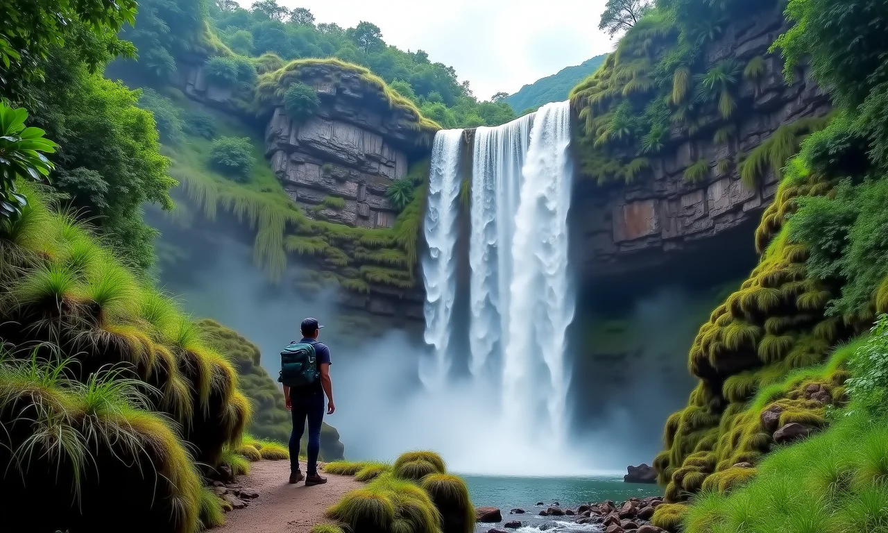 Turista admirando a cachoeira Casca D'Anta de baixo, cercada pela vegetação exuberante.