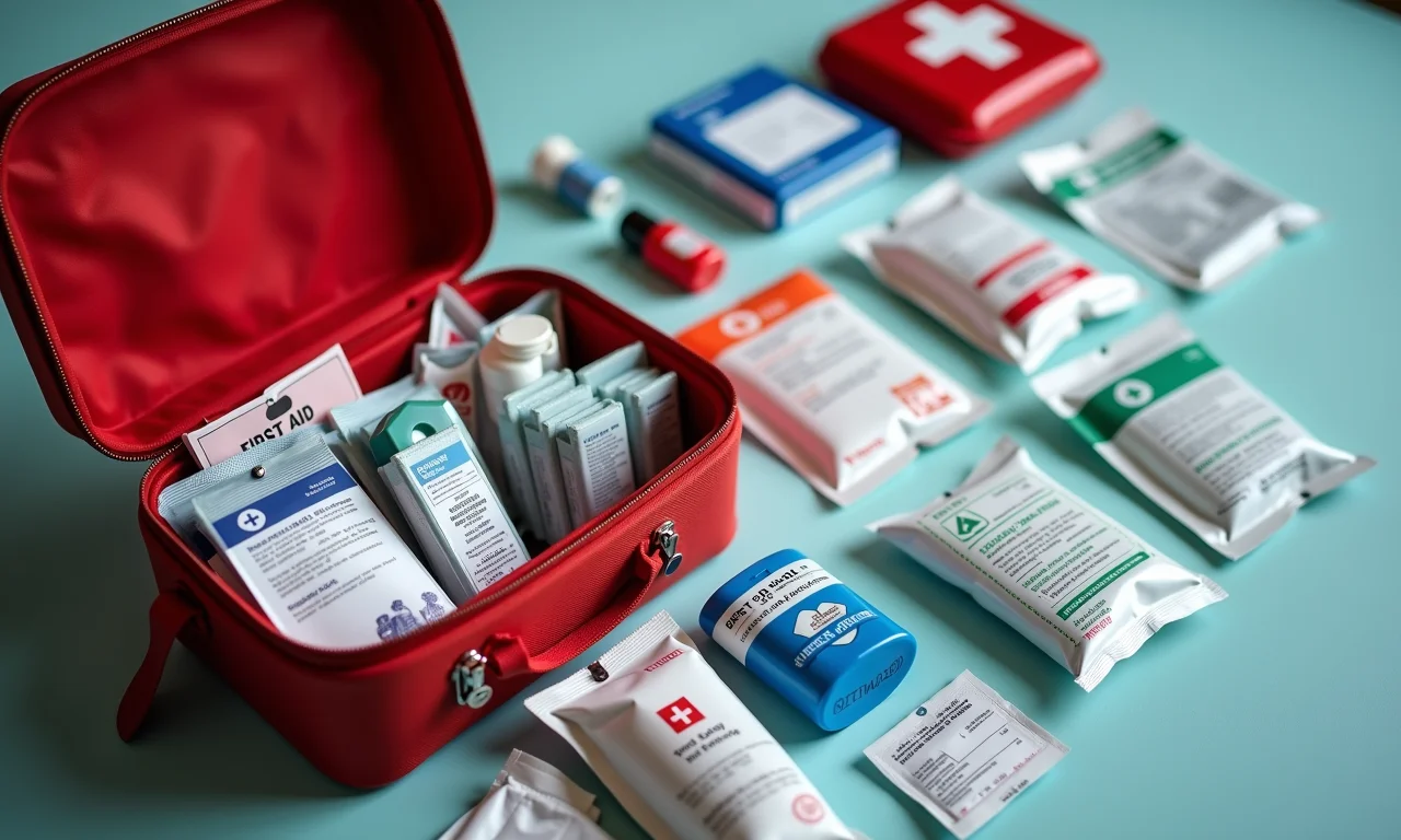 Um kit de primeiros socorros completo e organizado.