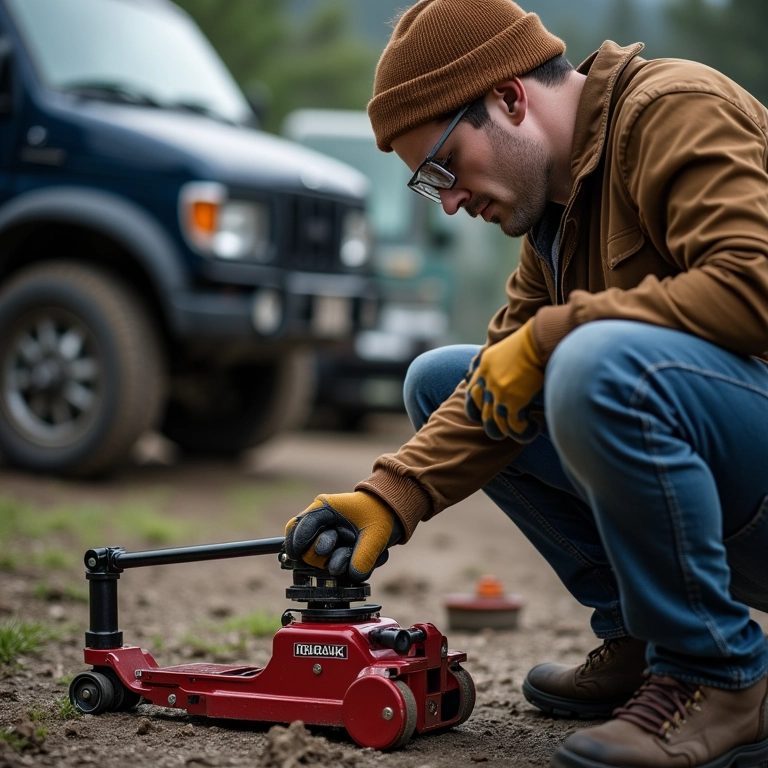 Usuário utilizando macaco 4x4 com segurança.