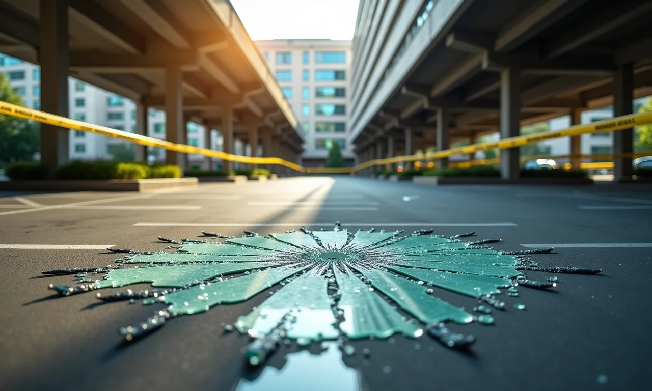 Vaga de carro vazia com vidros quebrados.