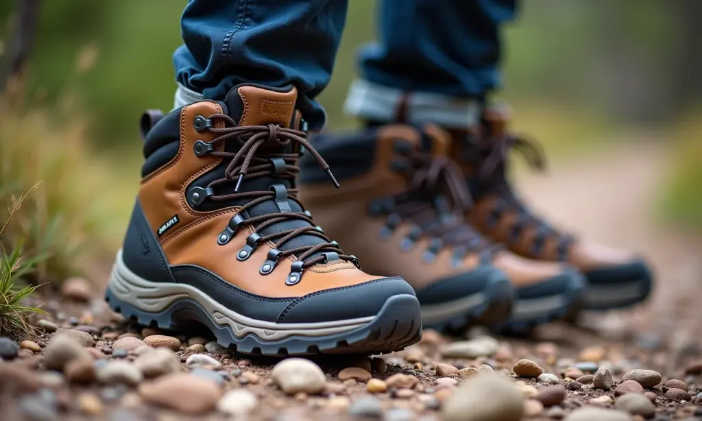 Variedade de botas de trilha Macboot em terreno rochoso.