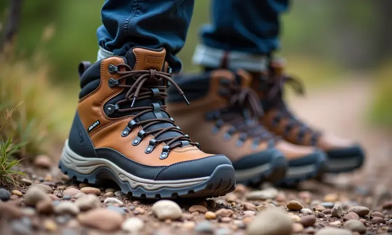 Variedade de botas de trilha Macboot em terreno rochoso.