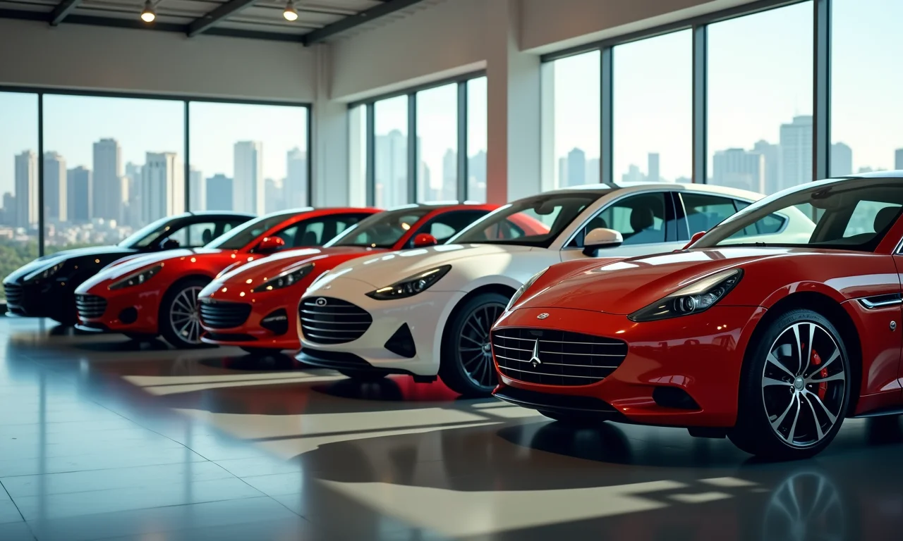 Variedade de carros populares em uma concessionária, representando as marcas e modelos mais procurados no mercado.