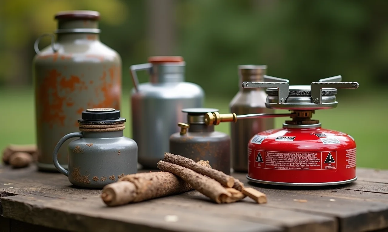 Variedade de fogareiros e combustíveis para camping dispostos sobre mesa rústica.