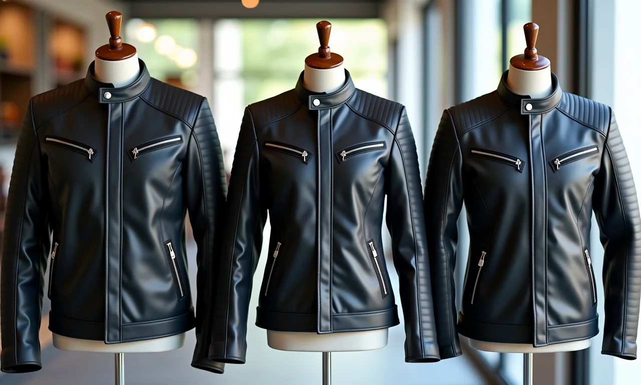 Variedade de jaquetas de motociclista em diferentes tamanhos e caimentos.