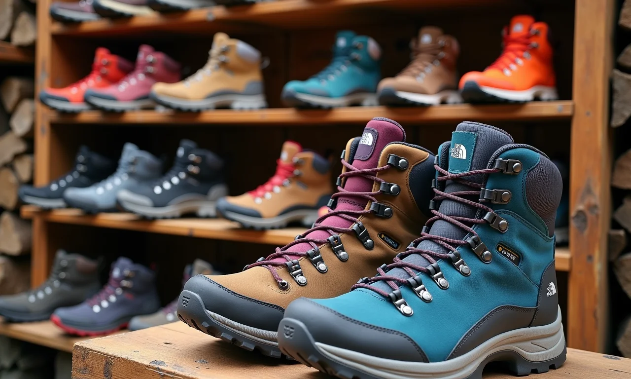 Variedade de modelos de botas de trilha impermeáveis femininas North Face.