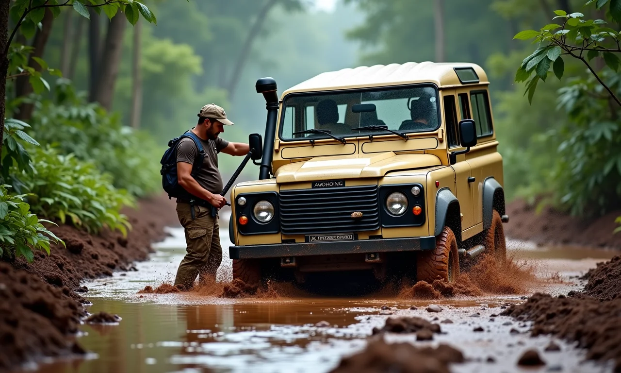 Veículo 4x4 atolado na lama na Amazônia, equipe usando guincho.