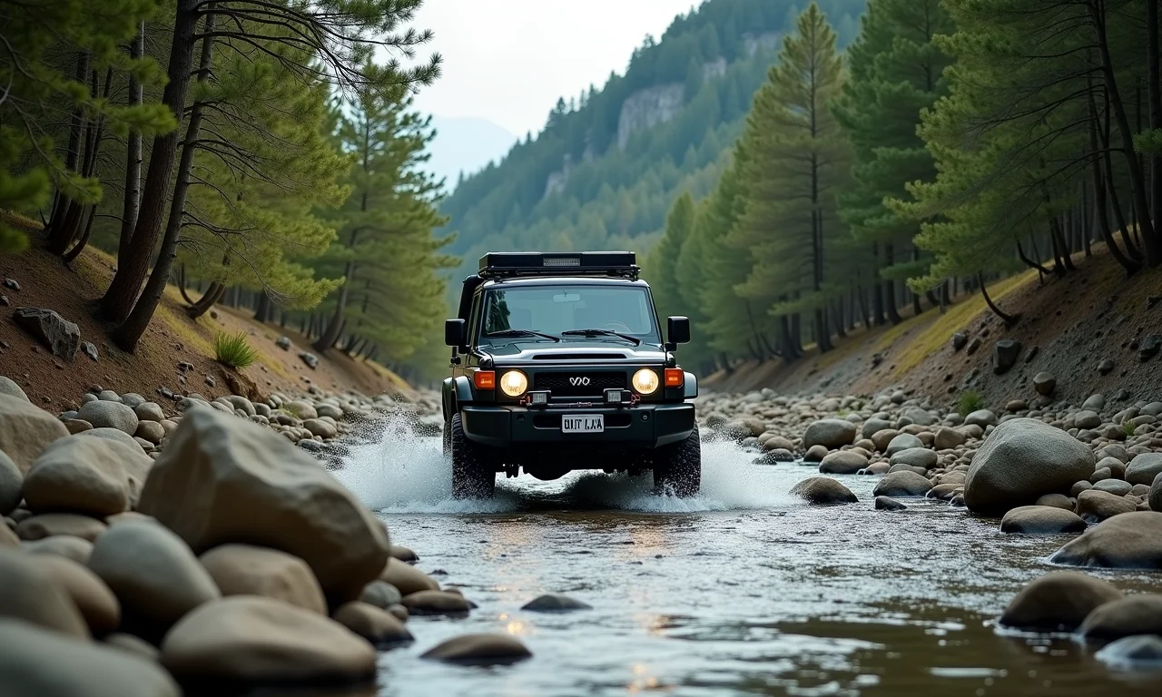 Veículo 4x4 atravessando a Quebrada de los Cuervos.