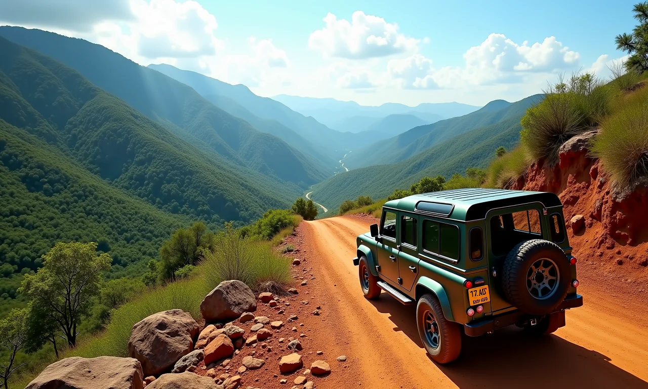 Veículo 4x4 atravessando a Serra da Canastra. Paisagem exuberante com vegetação e céu azul.