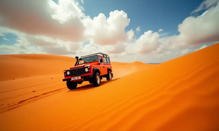Veículo 4x4 atravessando as dunas alaranjadas do Jalapão.