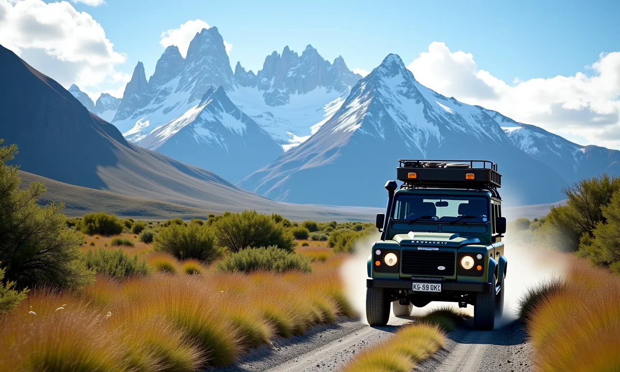 Veículo 4x4 atravessando paisagem vibrante da Patagônia durante o verão.