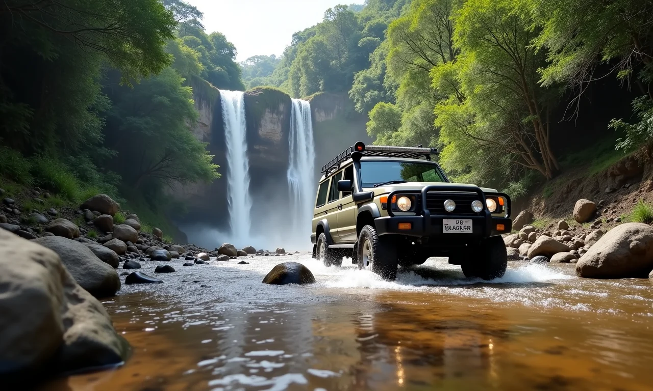 Veículo 4x4 atravessando rio raso na trilha da Cachoeira da Macumba, São Pedro da Serra. Queda d'água ao fundo.