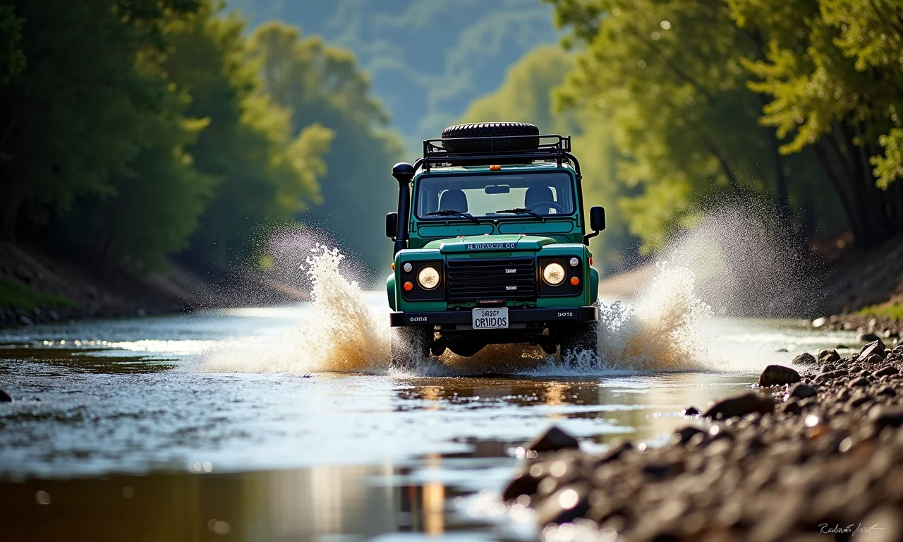 Veículo 4x4 atravessando um rio para chegar à Cachoeira do Fundão, em uma cena de aventura.