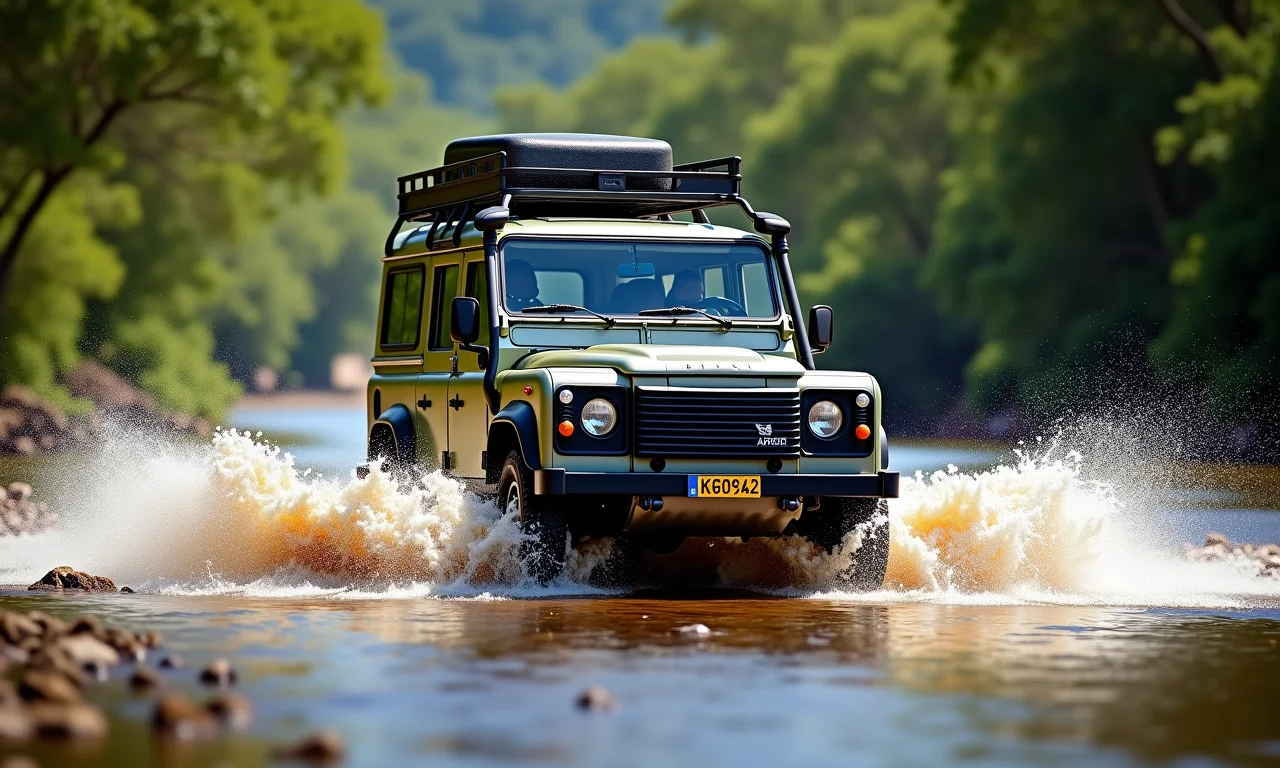 Veículo 4x4 cruzando o Rio Piraí em Votorantim, trilha com aventura aquática.