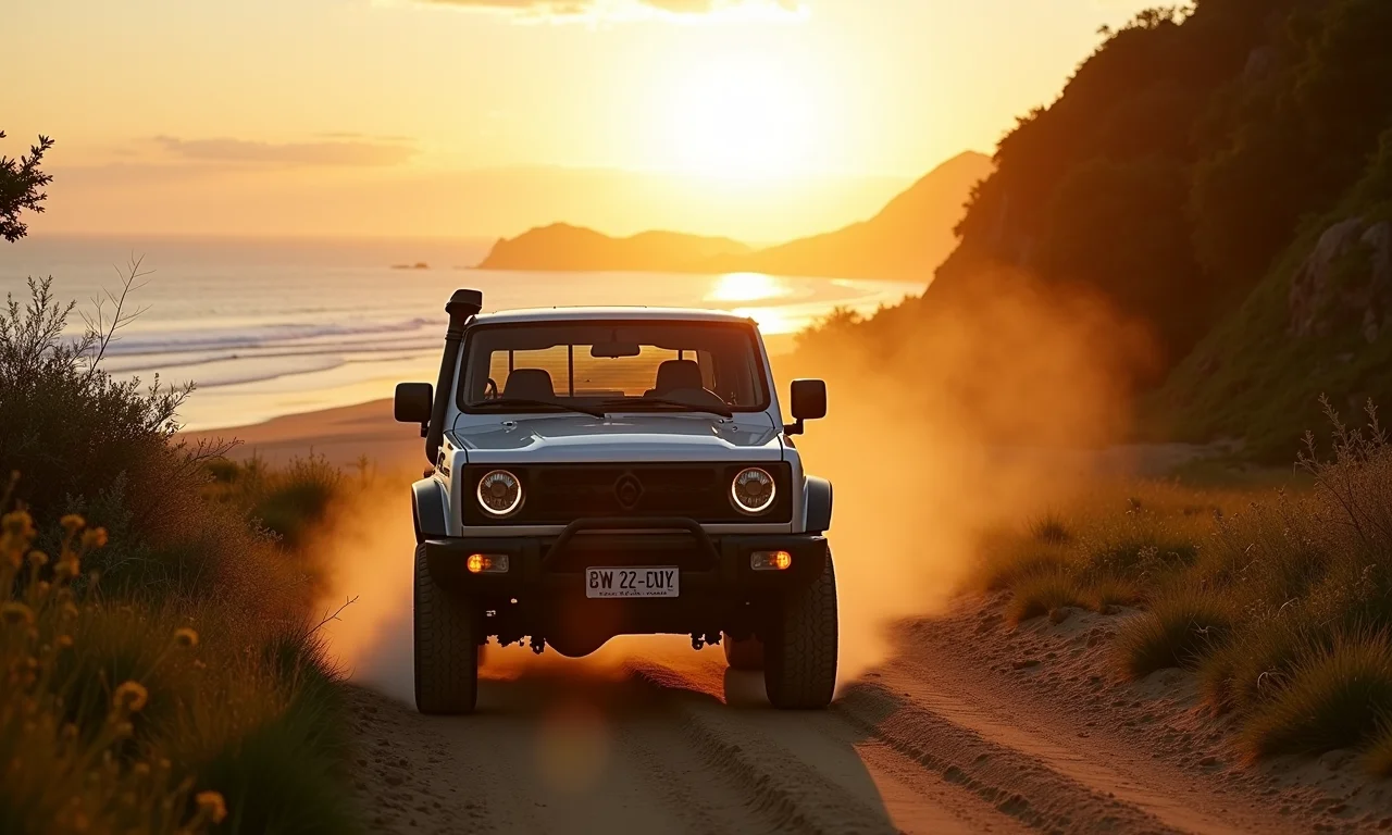 Veículo 4x4 dirigindo em estrada de terra conectando as Sete Praias de Ubatuba.