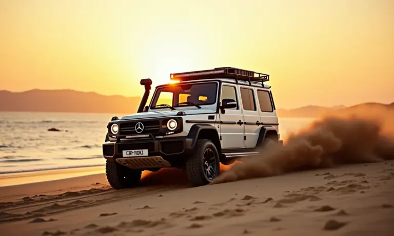 Veículo 4x4 dirigindo na areia da praia.