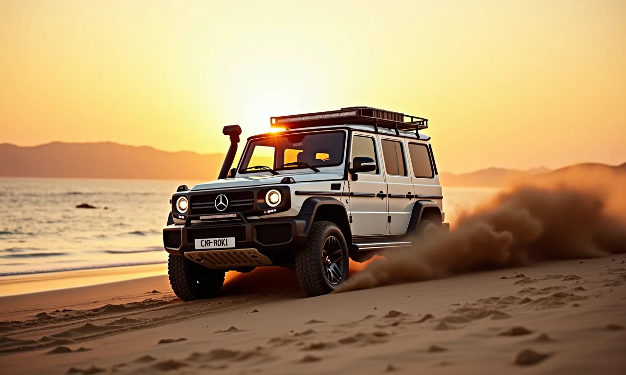 Veículo 4x4 dirigindo na areia da praia.
