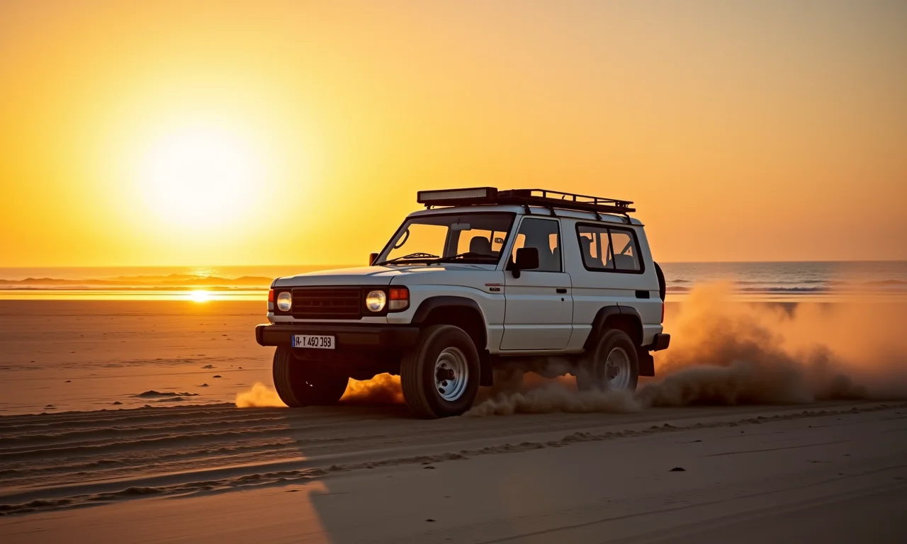 Veículo 4x4 dirigindo na praia uruguaia ao pôr do sol.