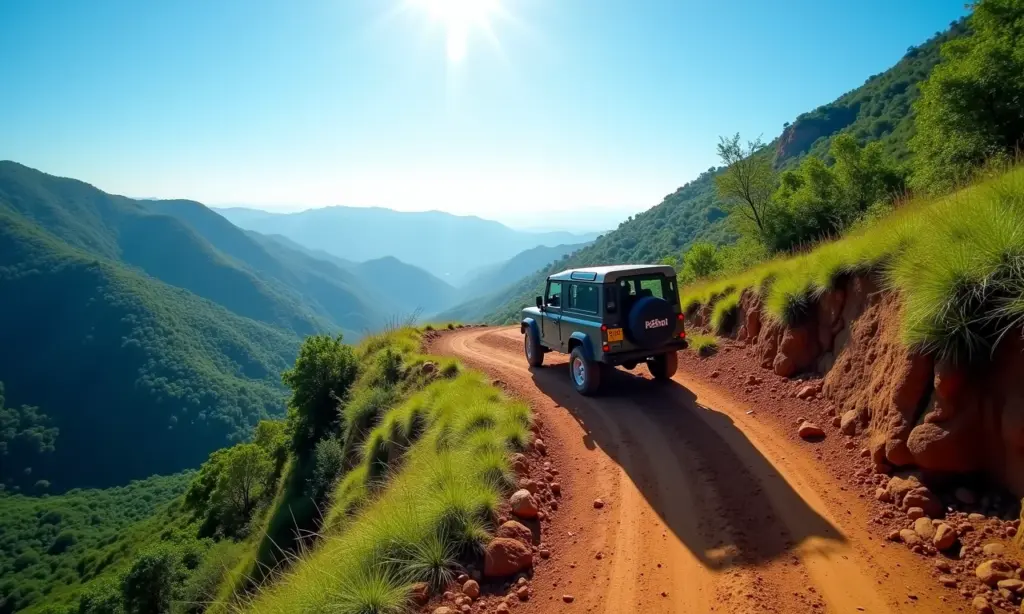 Veículo 4x4 em trilha montanhosa na Serra do Papagaio, Aiuruoca.