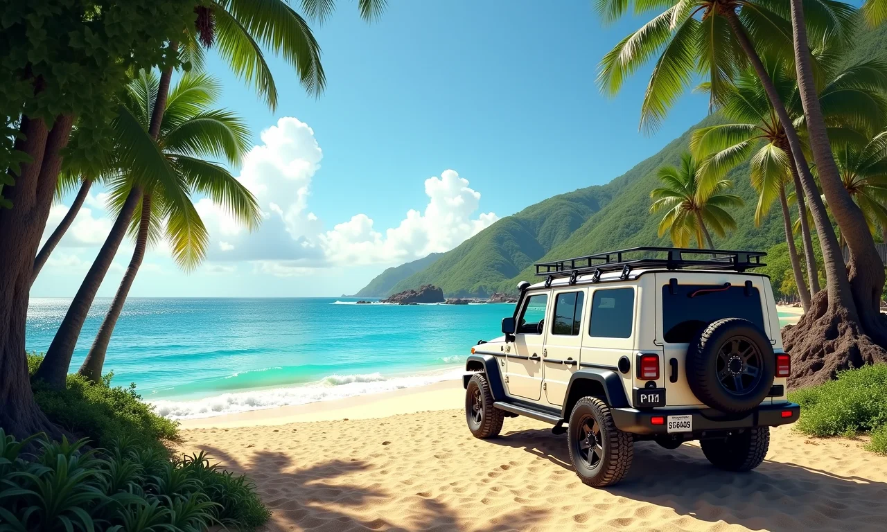 Veículo 4x4 estacionado perto da Praia da Fortaleza, Ubatuba.