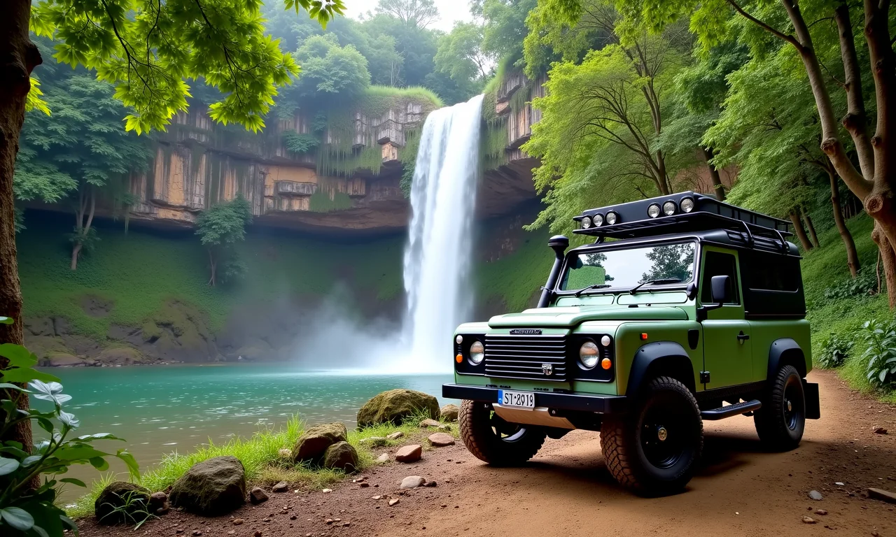 Veículo 4x4 estacionado próximo à Cachoeira do Salto em Caconde, SP.