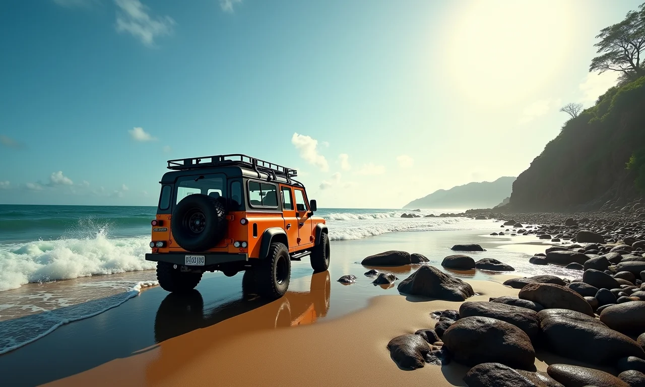 Veículo 4x4 explorando a Praia da Galheta, Ubatuba, com costa rochosa.