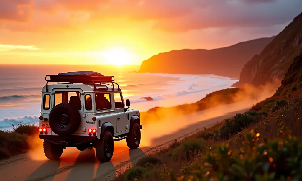 Veículo 4x4 explorando a Rota das Emoções ao pôr do sol.