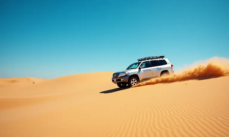 Veículo 4x4 explorando as dunas dos Lençóis Maranhenses sob o sol.