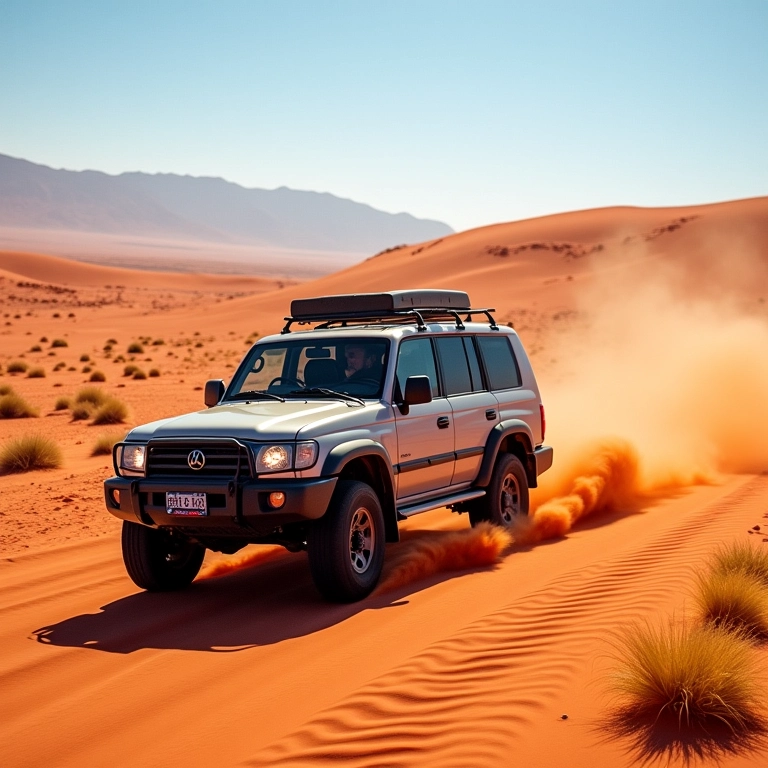 Veículo 4x4 explorando o Deserto do Atacama sob o sol.