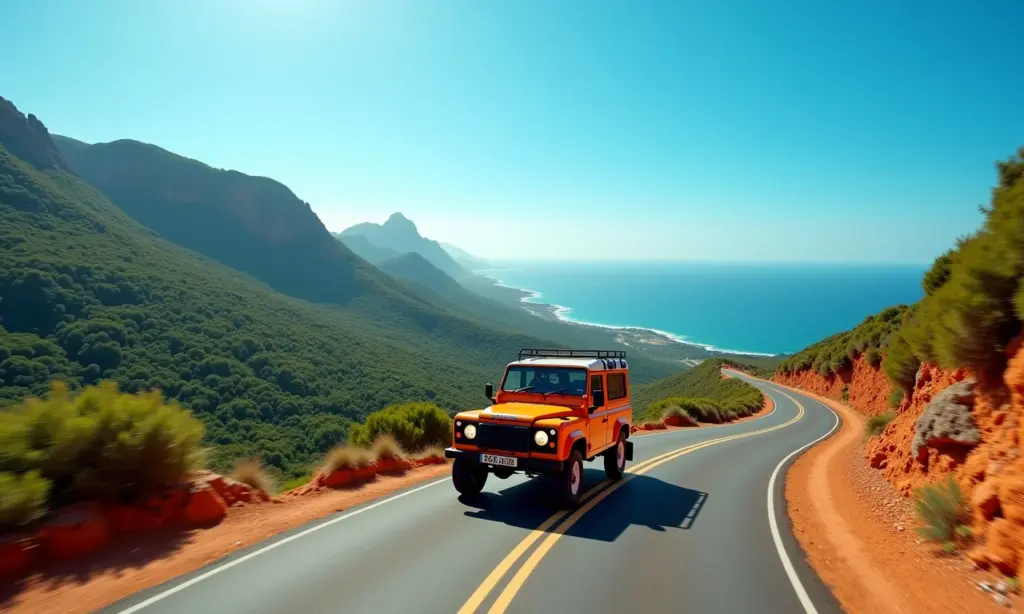 Veículo 4x4 na Estrada da Graciosa com a Mata Atlântica ao fundo.