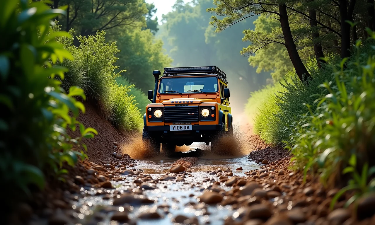 Veículo 4x4 na Trilha do Escorrega em São Pedro da Serra, terreno escorregadio e vegetação exuberante.