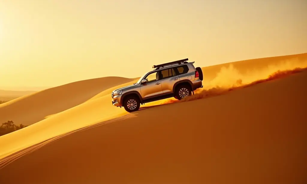 Veículo 4x4 no topo de uma duna dourada no Jalapão.