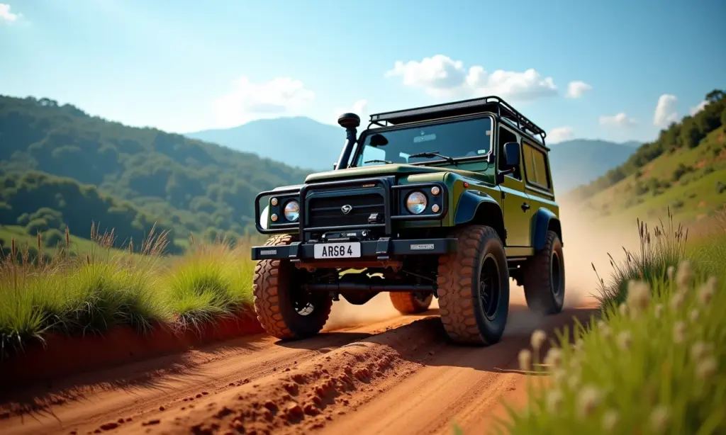 Veículo 4x4 off-road em trilha em Caconde, SP, com paisagem exuberante ao fundo.