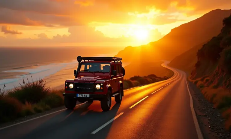 Veículo 4x4 percorrendo a Rota das Emoções ao pôr do sol.