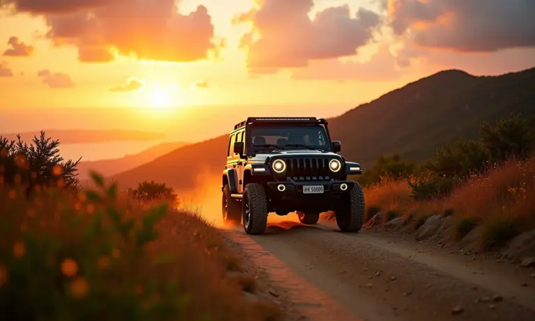 Veículo 4x4 percorrendo trilha off-road no Brasil ao pôr do sol.