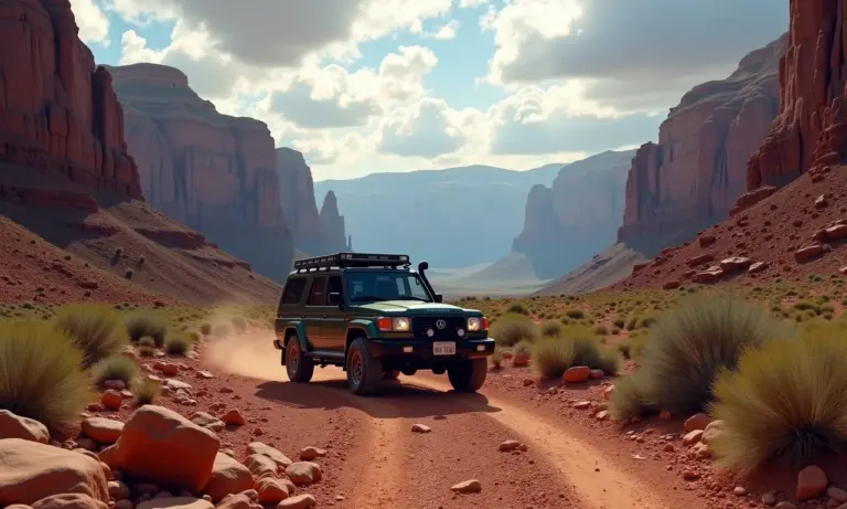 Veículo 4x4 percorrendo trilha rochosa em cânion imponente com céu dramático.