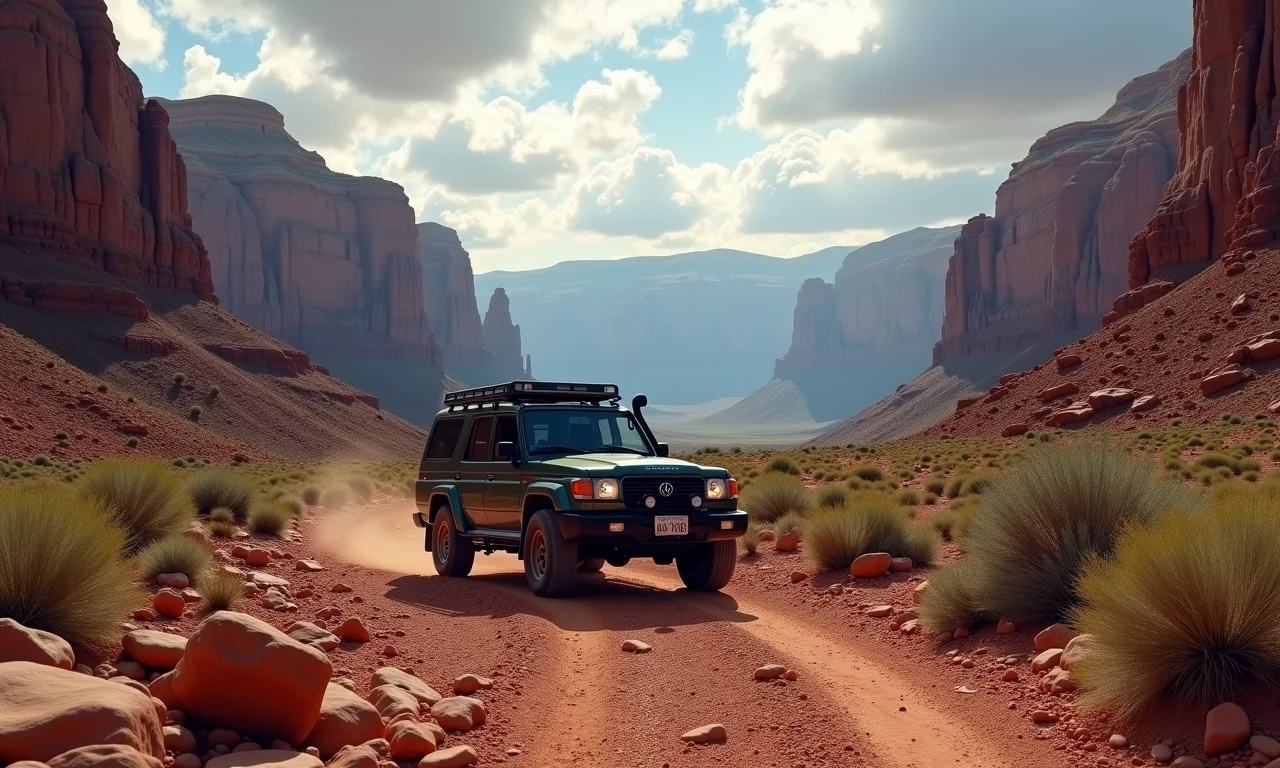 Veículo 4x4 percorrendo trilha rochosa em cânion imponente com céu dramático.