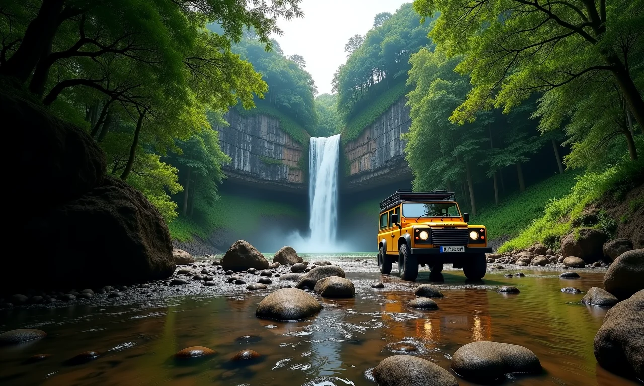 Veículo 4x4 próximo à Cachoeira do Prumirim, Ubatuba, em meio à natureza.