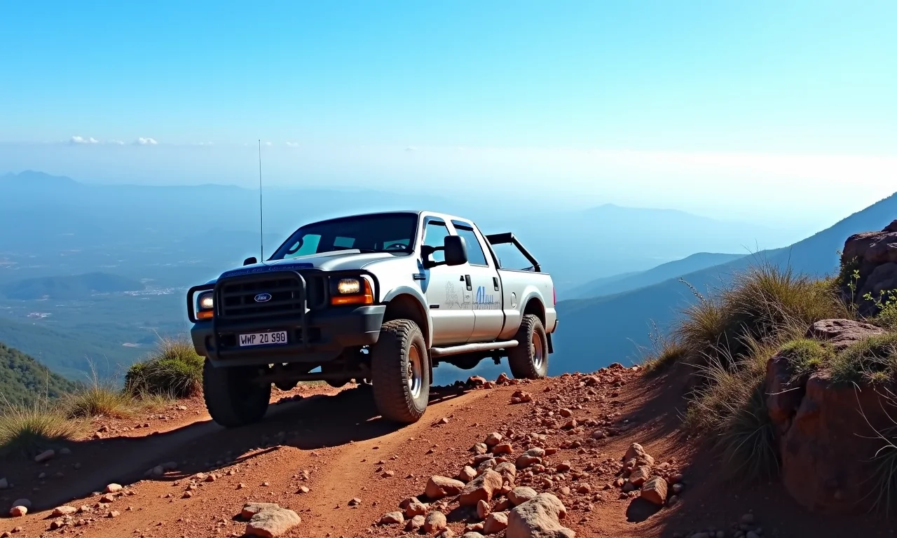 Veículo 4x4 subindo o Morro do Saboó, Votorantim, com vista panorâmica.