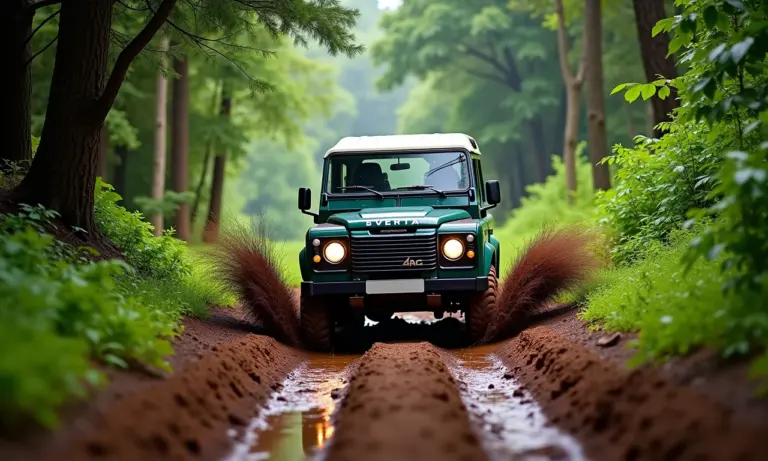 Veículo 4x4 superando obstáculo de lama em trilha exuberante perto de Curitiba.