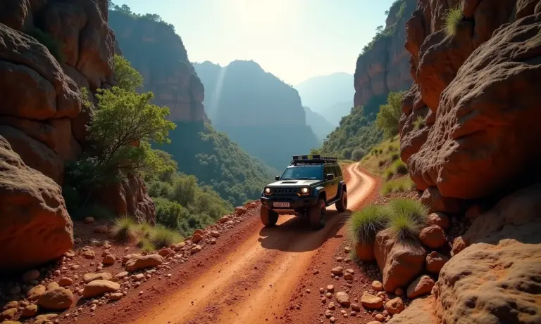 Veículo 4x4 trilhando cânion em Aparados da Serra. Aventura off-road com paisagens exuberantes.