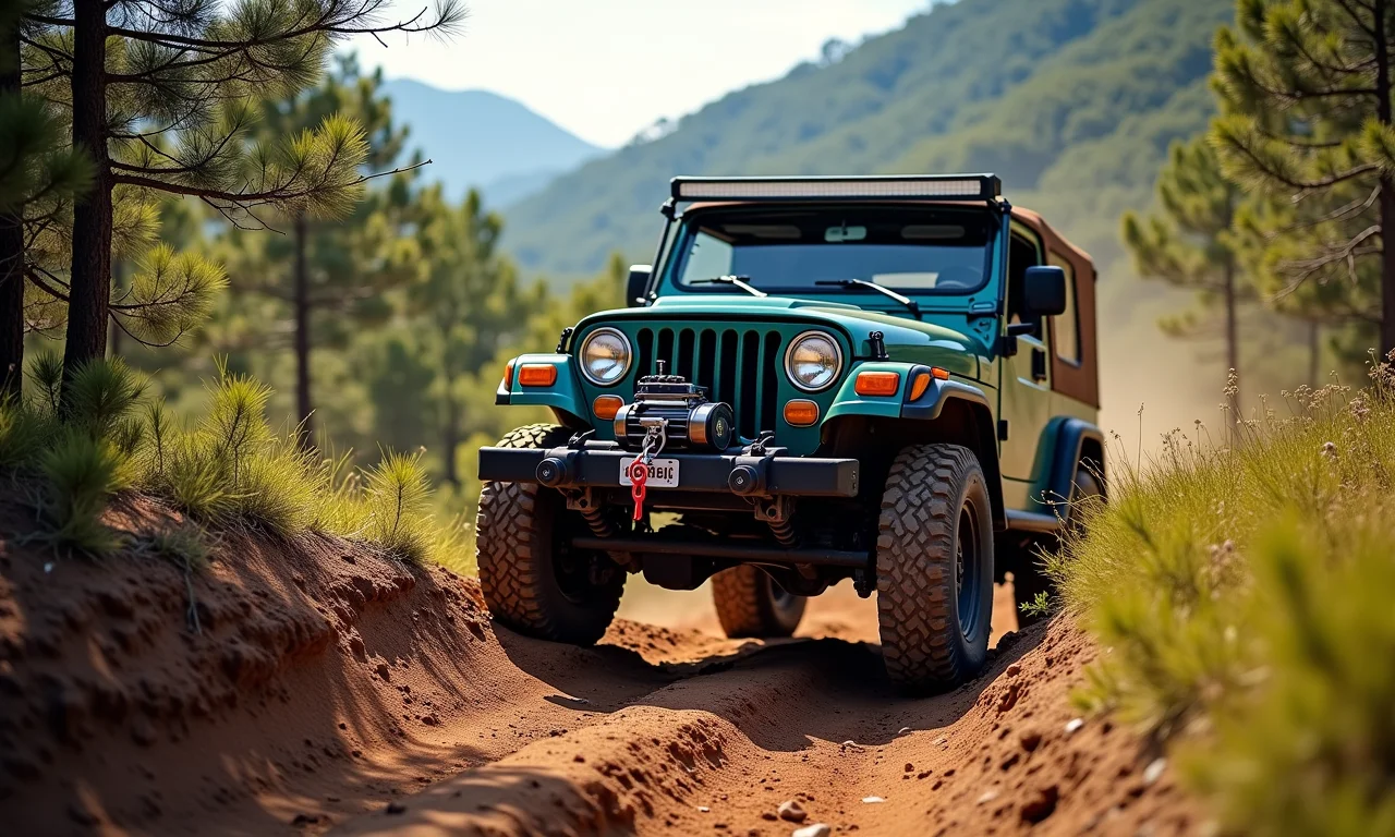 Veículo 4x4 usando guincho em trilha na Serra da Mantiqueira.