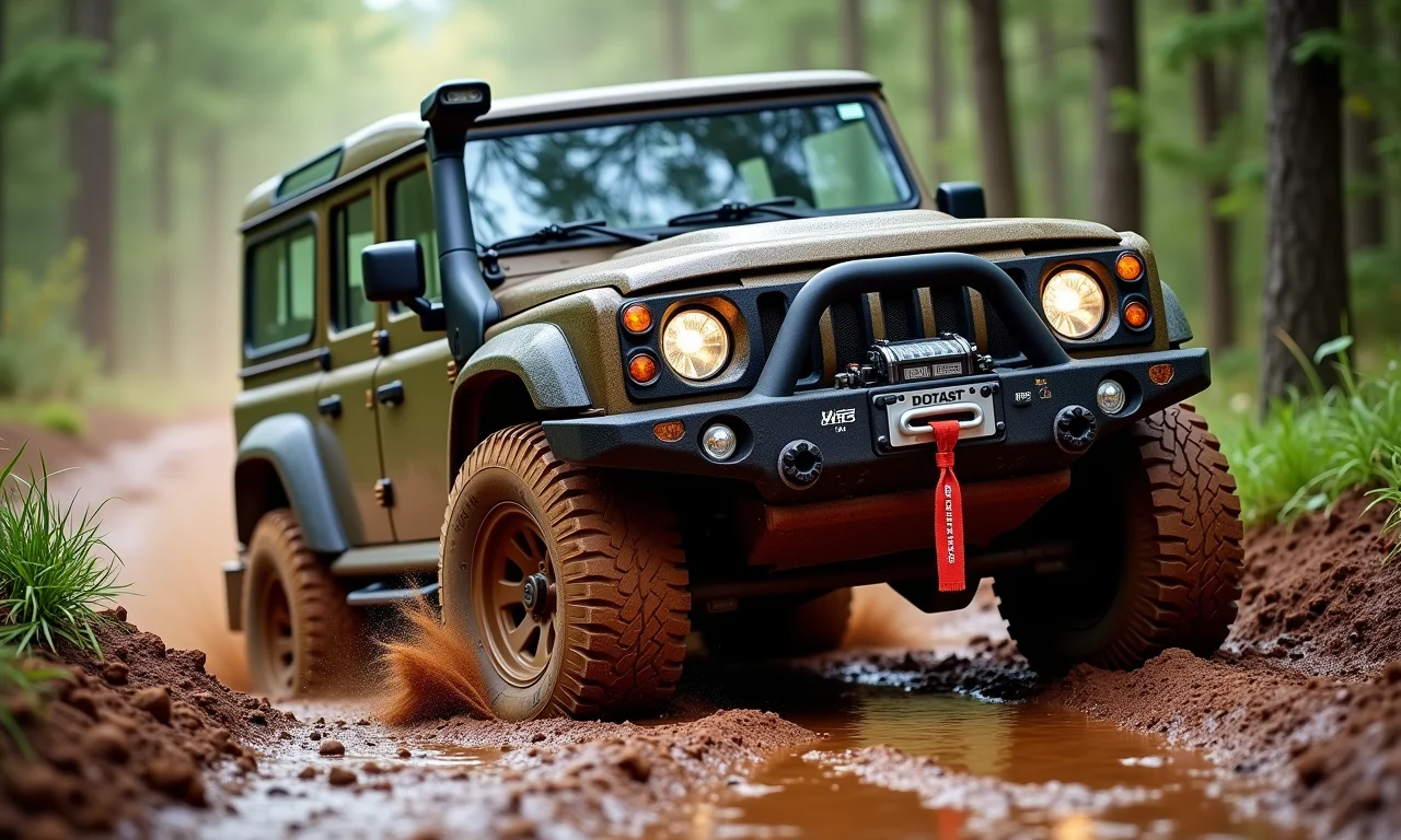 Veículo 4x4 utilizando guincho para superar obstáculo em trilha de Caconde.