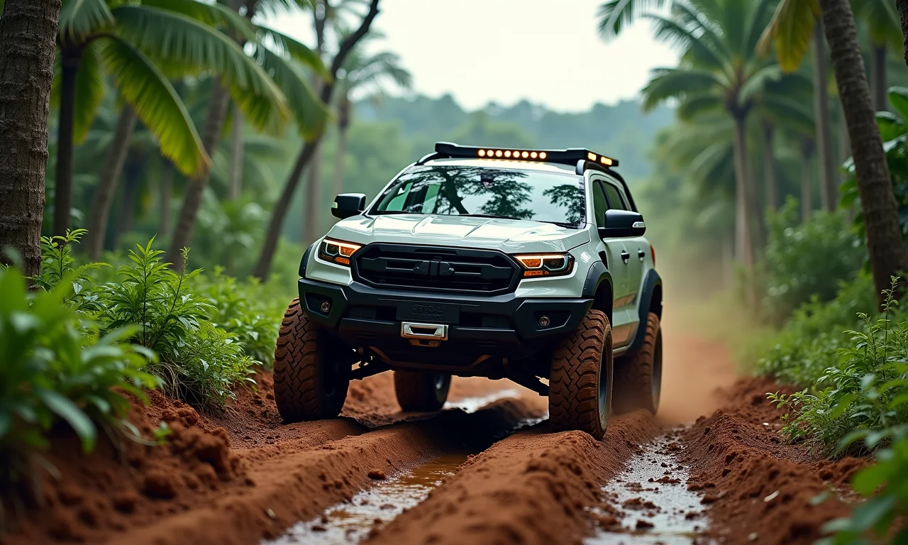 Veículo elétrico off-road enfrentando terreno desafiador na Amazônia.