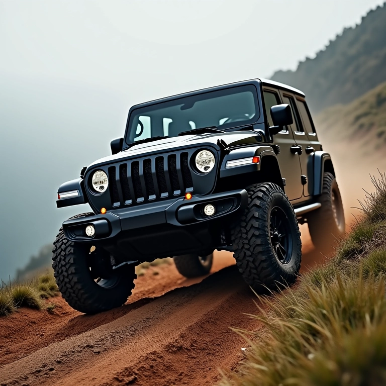 Veículo off-road superando obstáculo com compressor mecânico.